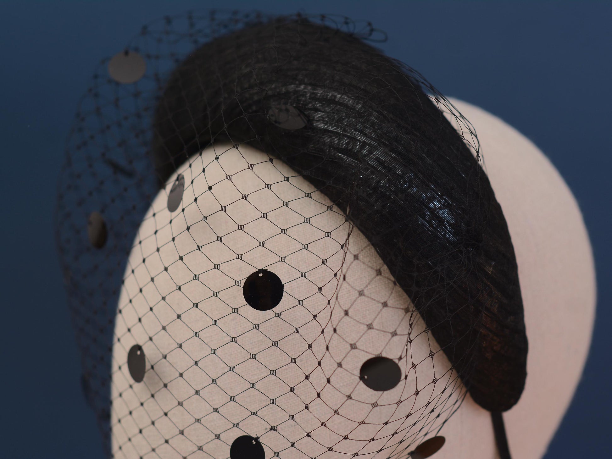 Black Headband Fascinator with Polka Dot Sequin Birdcage Veil