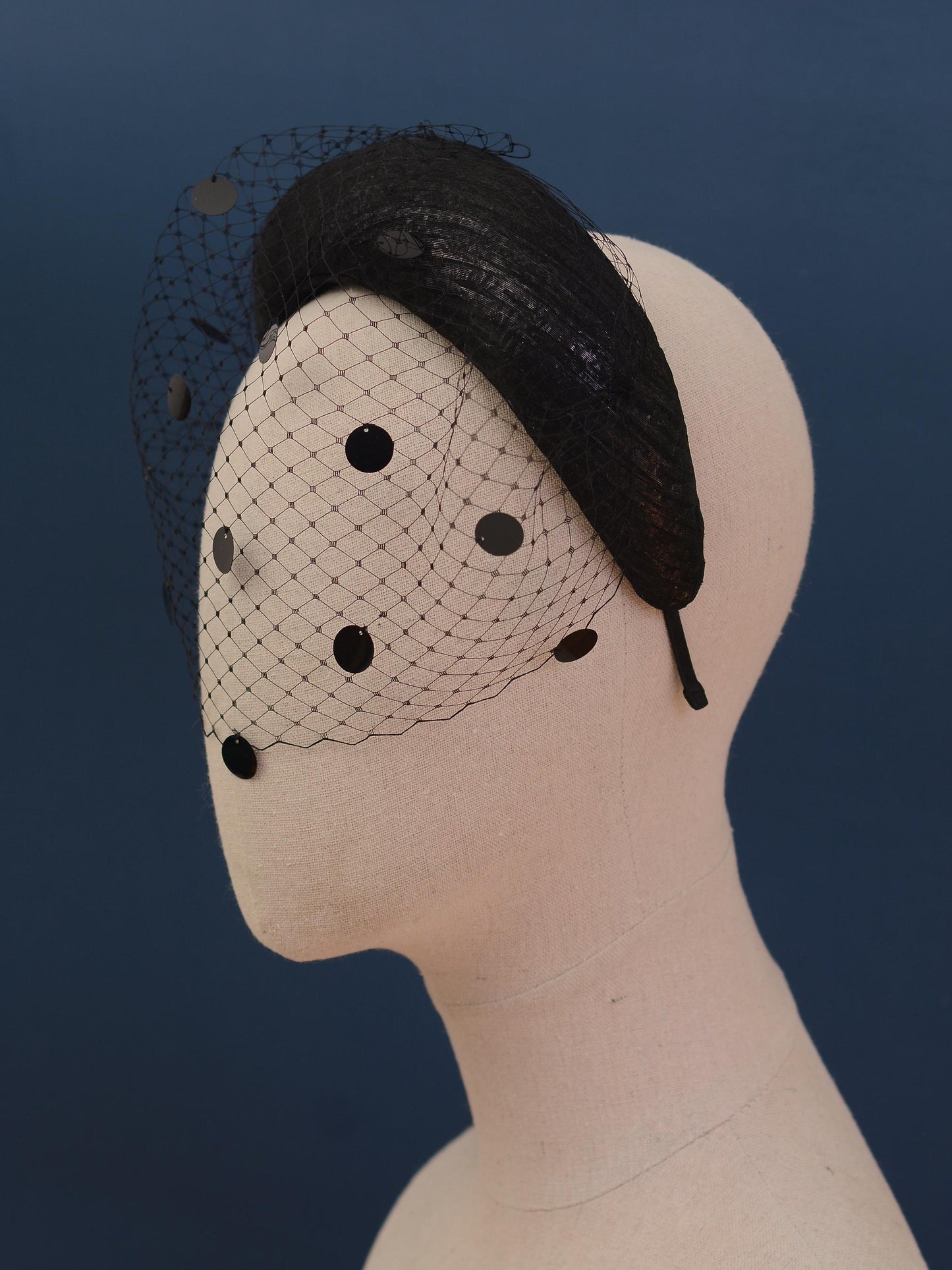 Black Headband Fascinator with Polka Dot Sequin Birdcage Veil