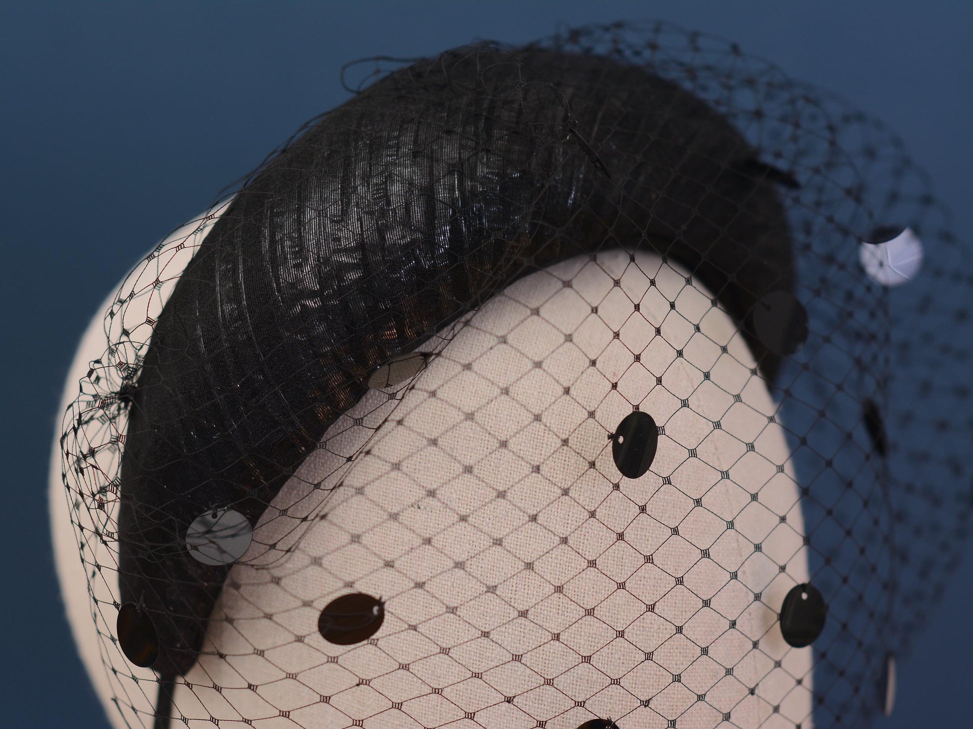 Black Headband Fascinator with Polka Dot Sequin Birdcage Veil