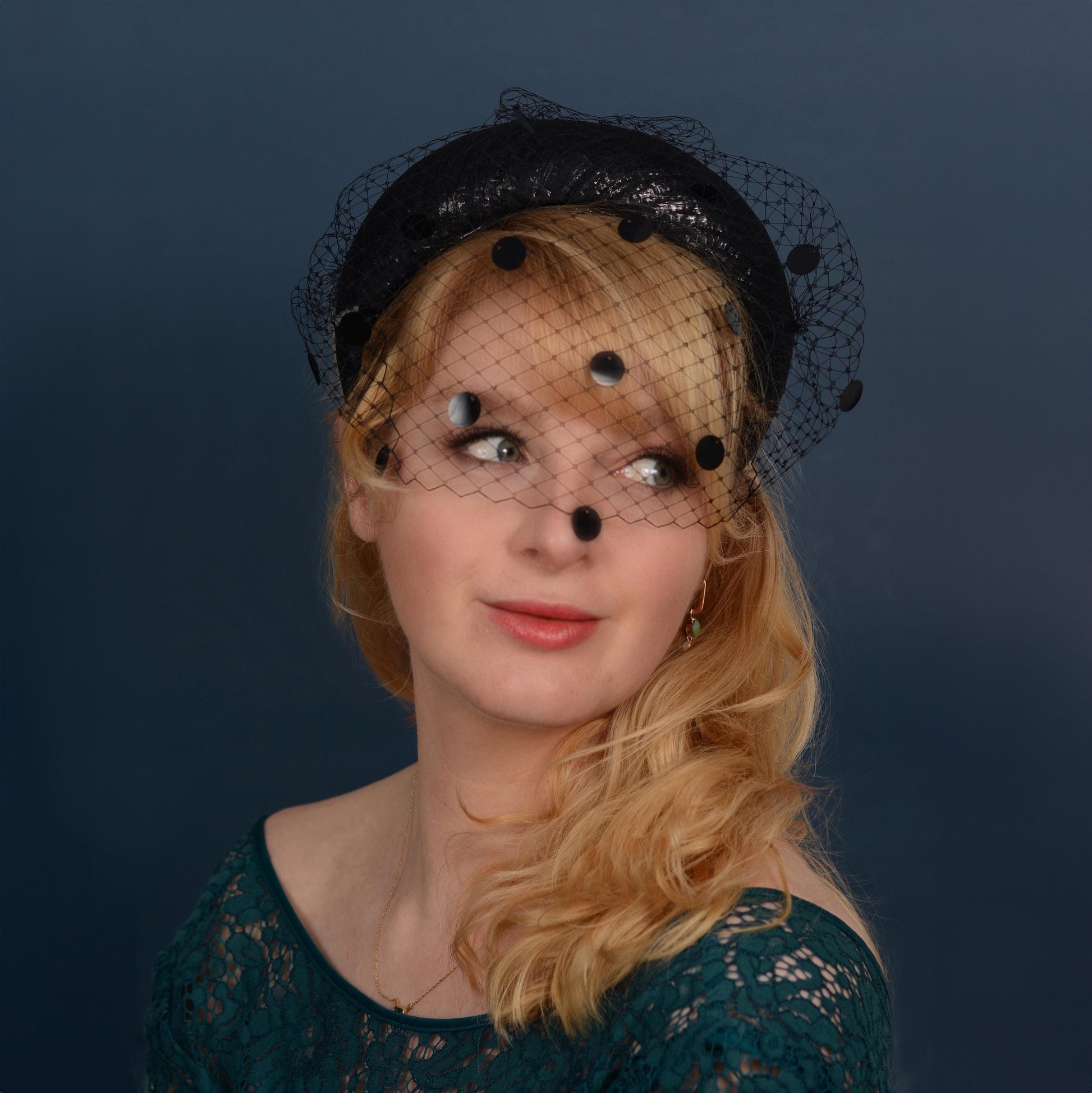 Black Headband Fascinator with Polka Dot Sequin Birdcage Veil
