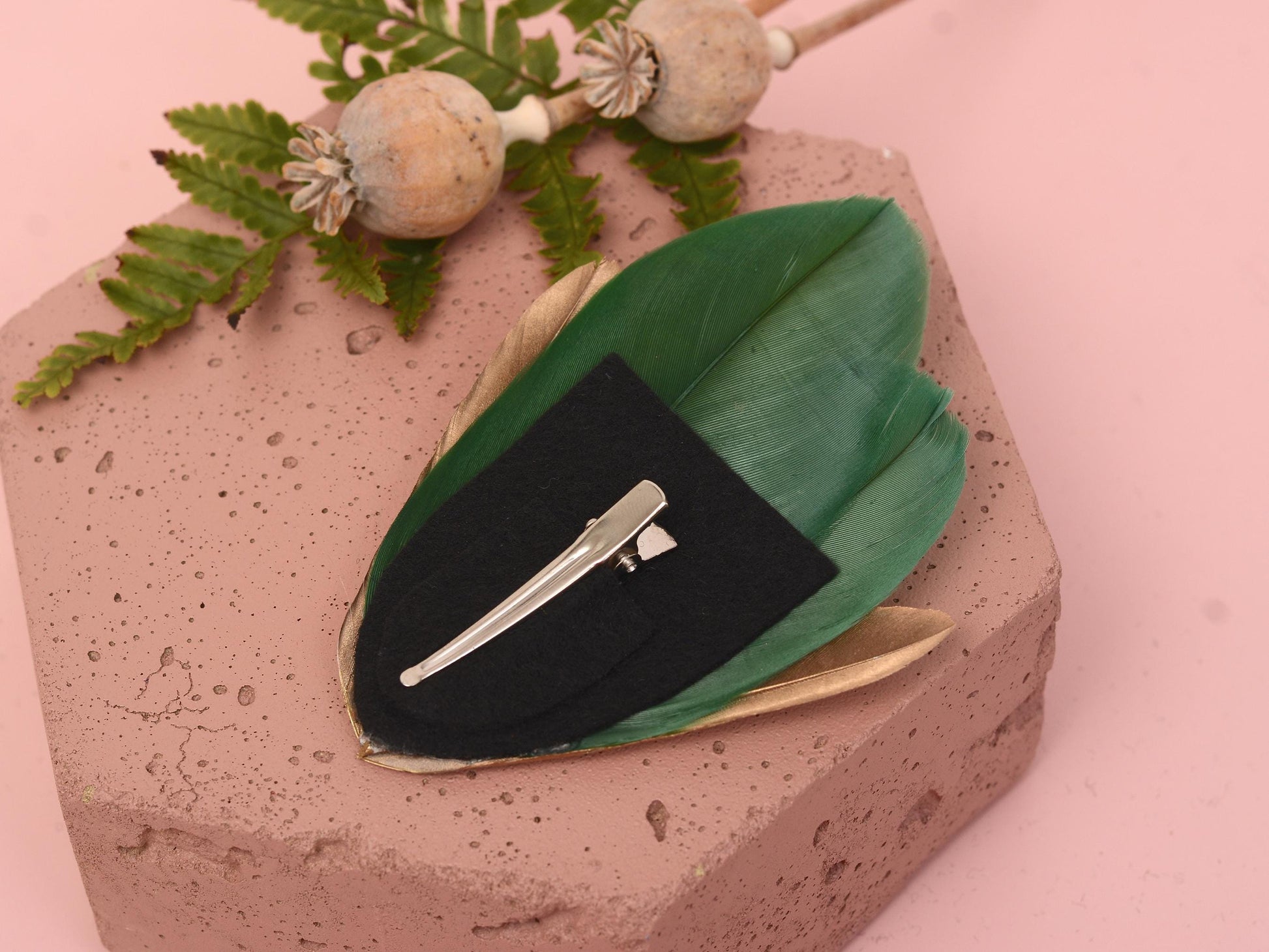 Feather Hair Clip in Green, Pink and Gold | Feather Fascinator | Feather Headpiece | Bridal Hair Clip | Bridal Headpiece | Bridesmaids