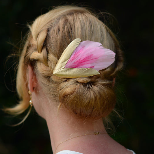 Feather Hair Clip in Rose Pink and Gold | Pink Feather Fascinator | Feather Headpiece | Bridal Hair Clip | Bridal Headpiece | Bridesmaids