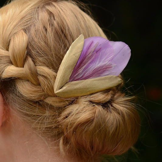 Feather Hair Clip Lilac Purple and Gold | Feather Fascinator | Feather Headpiece | Bridal Hair Clip | Bridal Headpiece | Bridesmaids