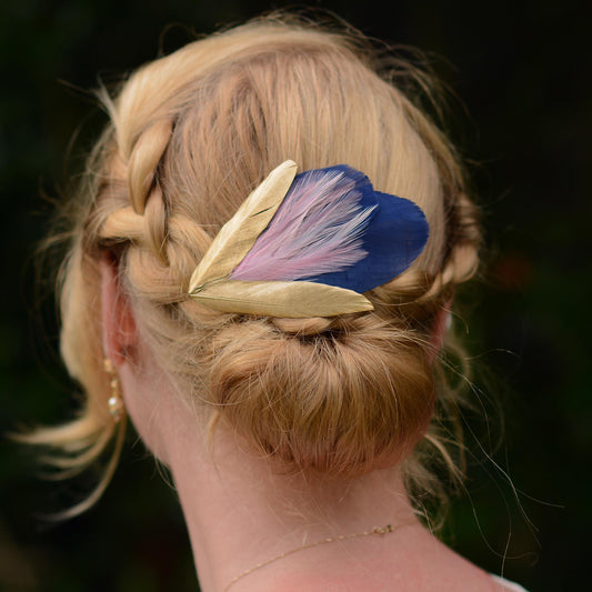 Feather Hair Clip in Navy Blue and Gold | Blue Feather Hair Clip | Navy Blue Fascinator
