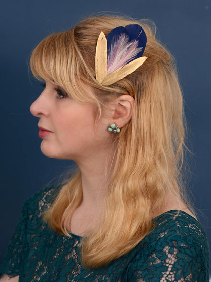 Feather Hair Clip in Navy Blue and Gold | Blue Feather Hair Clip | Navy Blue Fascinator