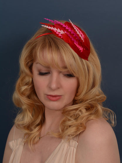 Red and Pink Feather Fascinator Headband No.013 | Pink Feather Headband | Red and Pink Feather Headpiece