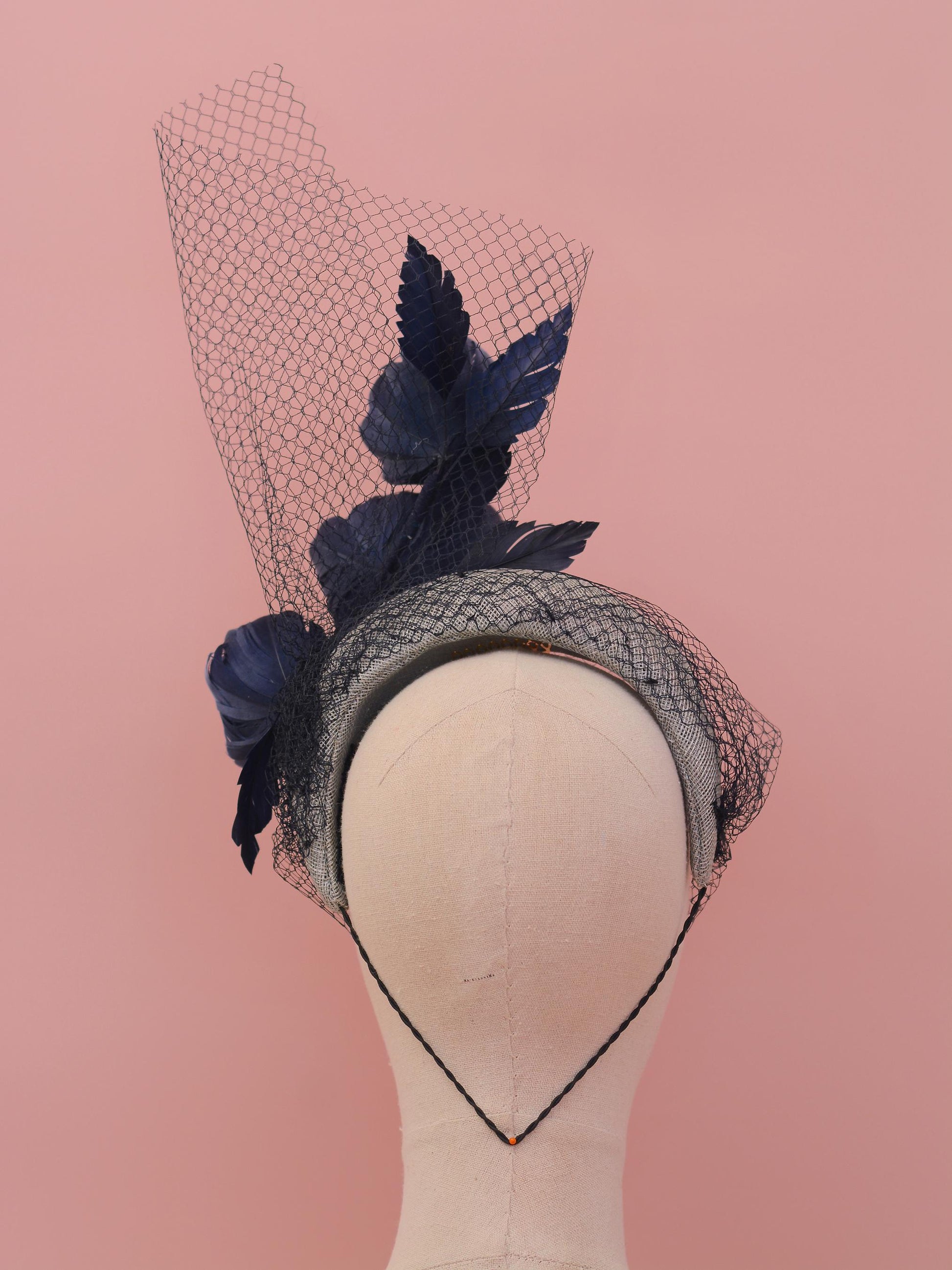 Grey and Navy Blue Bandeau Headband Fascinator with Feather Flowers and Net Veil