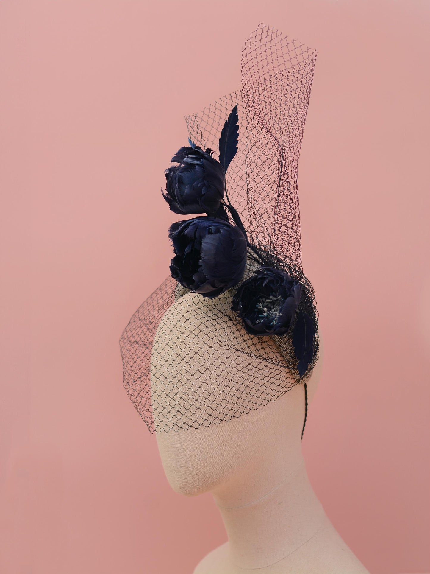 Grey and Navy Blue Bandeau Headband Fascinator with Feather Flowers and Net Veil