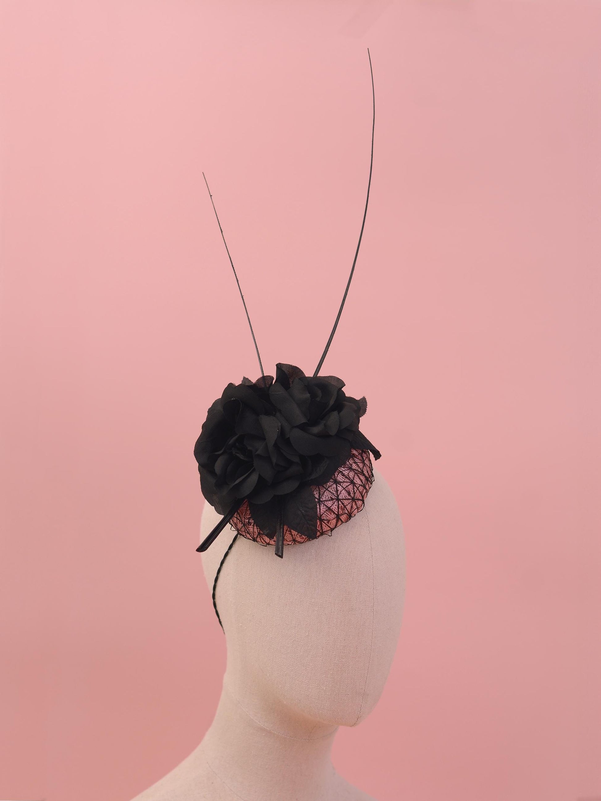 Black and Pink Button Fascinator with Black Roses and Feather Trim