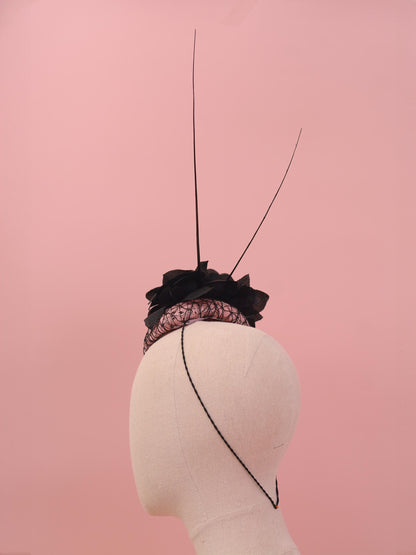 Black and Pink Button Fascinator with Black Roses and Feather Trim