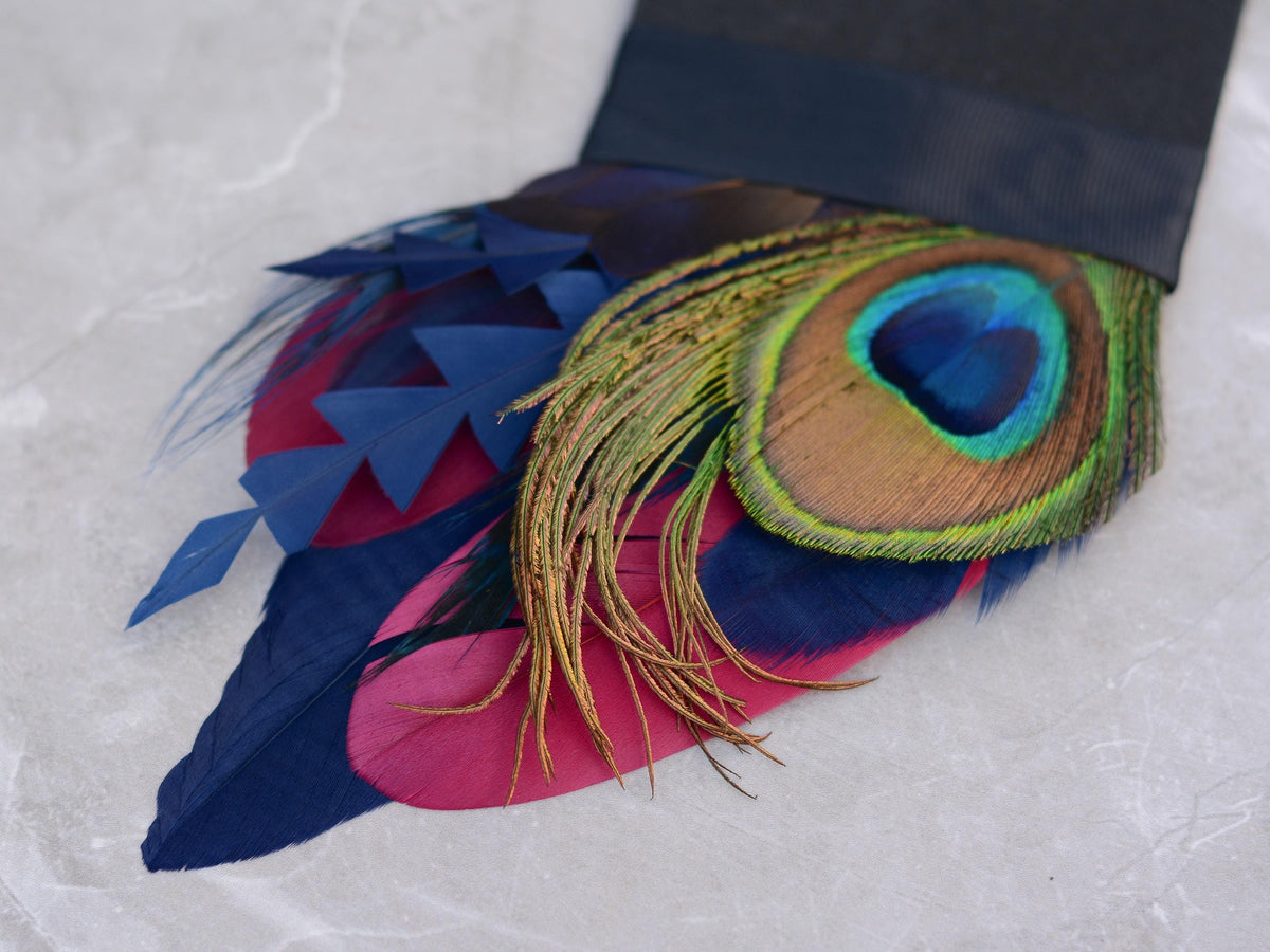 Burgundy, Navy Blue and Peacock Feather Pocket Square No.242 | Suit Accessory | Feather Neck Tie | Grooms Outfit | Groomsmen | Wedding
