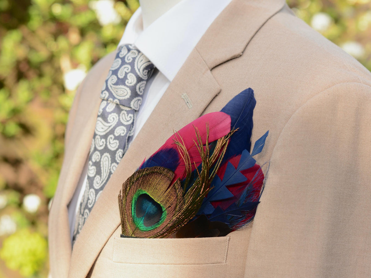 Burgundy, Navy Blue and Peacock Feather Pocket Square No.242 | Suit Accessory | Feather Neck Tie | Grooms Outfit | Groomsmen | Wedding