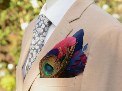Burgundy, Navy Blue and Peacock Feather Pocket Square No.242 | Suit Accessory | Feather Neck Tie | Grooms Outfit | Groomsmen | Wedding