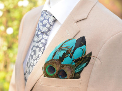 Teal, Green and Black Peacock Feather Pocket Square No.246 | Suit Accessory | Feather Neck Tie | Grooms Outfit | Groomsmen Gift