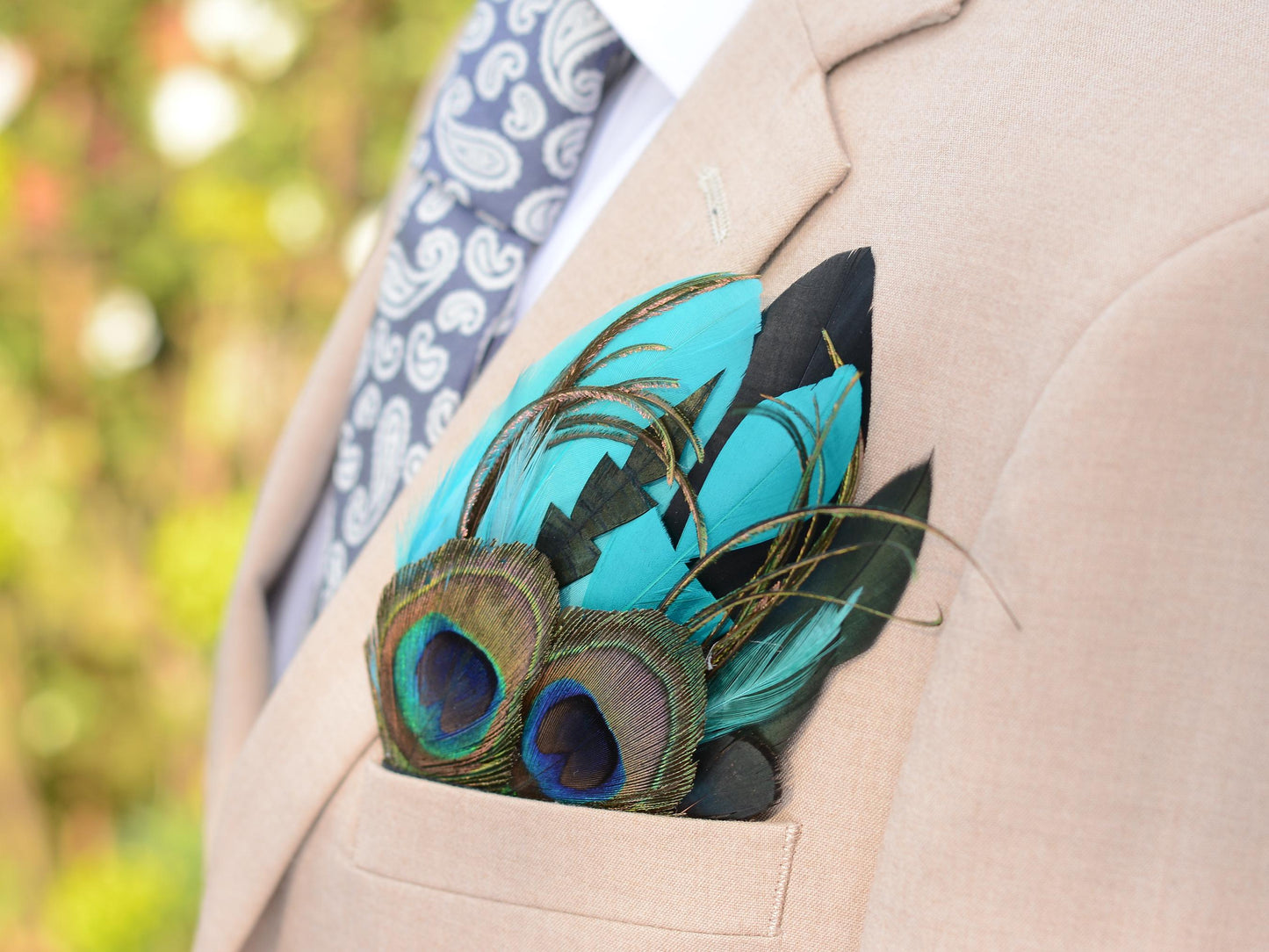 Teal, Green and Black Peacock Feather Pocket Square No.246 | Suit Accessory | Feather Neck Tie | Grooms Outfit | Groomsmen Gift