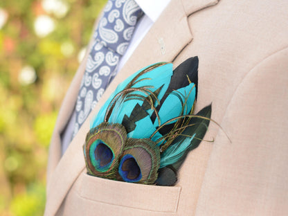 Teal, Green and Black Peacock Feather Pocket Square No.246 | Suit Accessory | Feather Neck Tie | Grooms Outfit | Groomsmen Gift