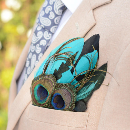 Teal, Green and Black Peacock Feather Pocket Square No.246 | Suit Accessory | Feather Neck Tie | Grooms Outfit | Groomsmen Gift