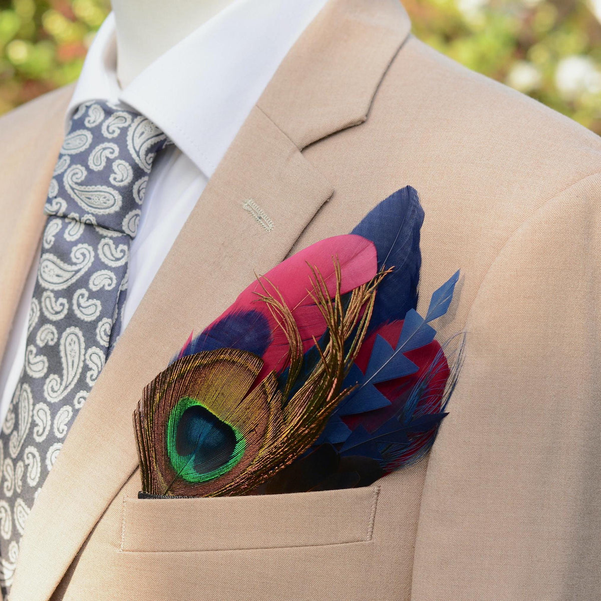Burgundy, Navy Blue and Peacock Feather Pocket Square No.242 | Suit Accessory | Feather Neck Tie | Grooms Outfit | Groomsmen | Wedding