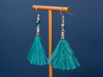 Teal Turquoise Ostrich Feather Tassel Long Earrings | Festival Earrings | Feather Jewellery | Festival Jewellery | Long Earrings