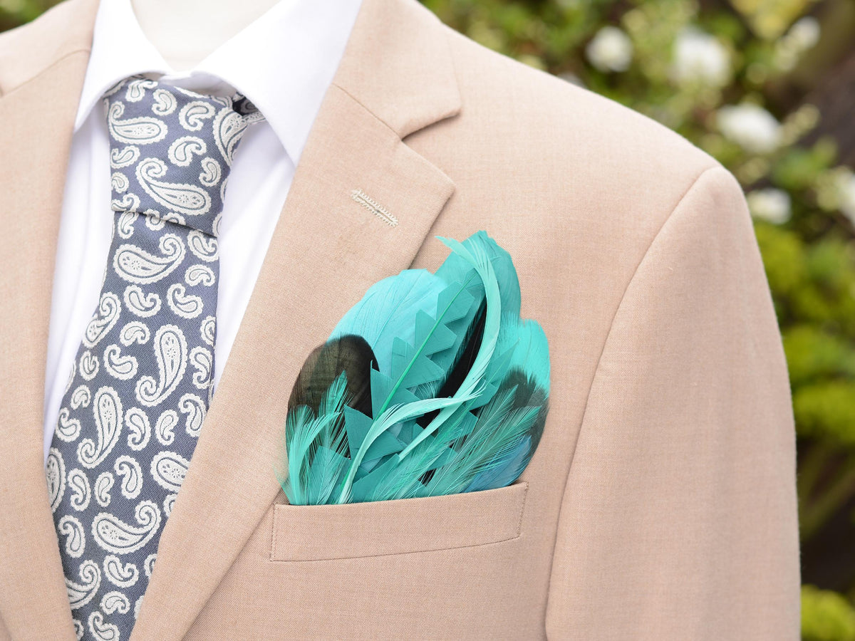 Turquoise, Teal and Green Feather Pocket Square No.219 | Suit Accessory | Feather Neck Tie | Grooms Outfit | Groomsmen | Wedding