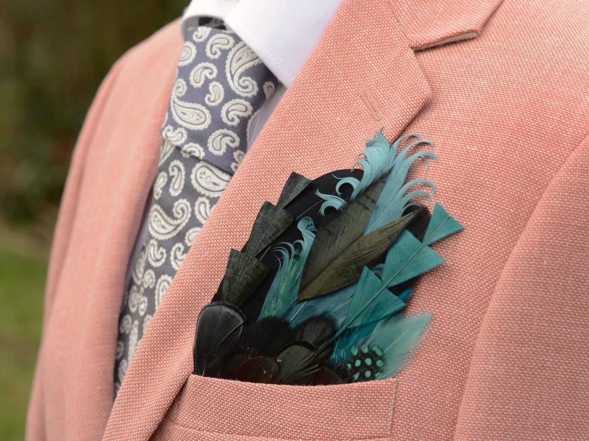 Shades of Teal and Green Feather Pocket Square No.153 | Suit Accessory | Feather Neck Tie | Grooms Outfit | Groomsmen Gift