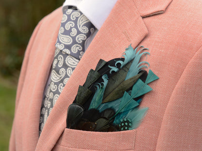 Shades of Teal and Green Feather Pocket Square No.153 | Suit Accessory | Feather Neck Tie | Grooms Outfit | Groomsmen Gift