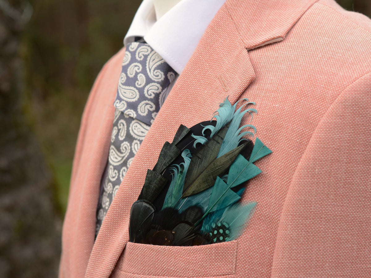 Shades of Teal and Green Feather Pocket Square No.153 | Suit Accessory | Feather Neck Tie | Grooms Outfit | Groomsmen Gift
