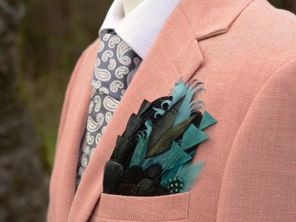 Shades of Teal and Green Feather Pocket Square No.153 | Suit Accessory | Feather Neck Tie | Grooms Outfit | Groomsmen Gift