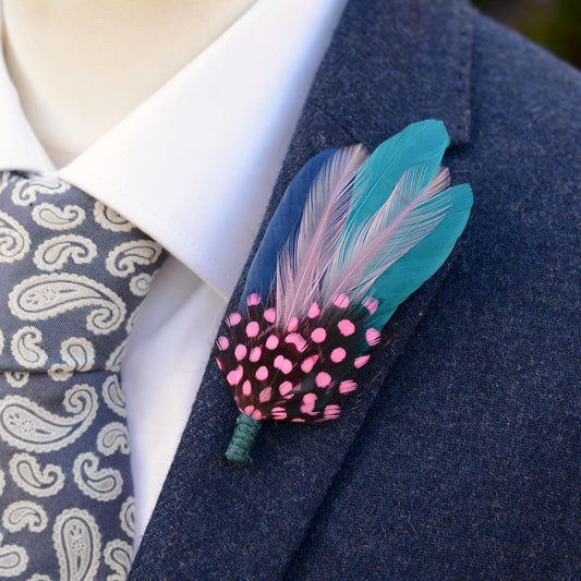 Teal, Pink and Navy Feather Lapel Pin | Pheasant Feather Boutonniere | Feather Brooch | Feather Hat Pin