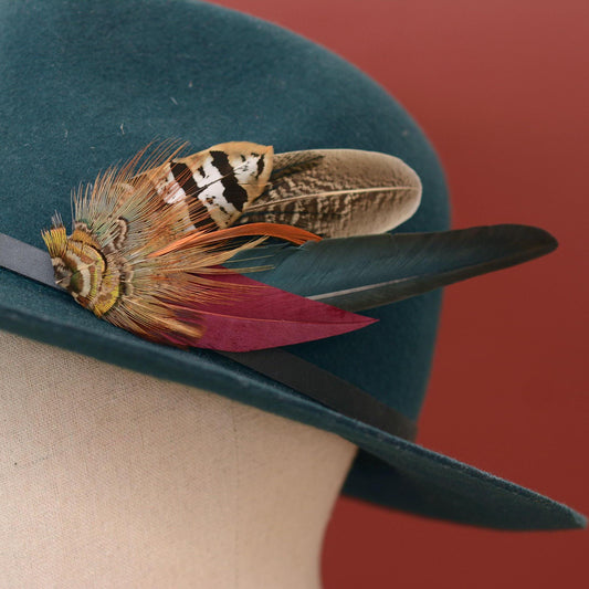 Pheasant Feather Hat Pin in Copper, Green and Crimson No.141 | Unique Pheasant Feather Boutonniere | Pheasant Feather Brooch