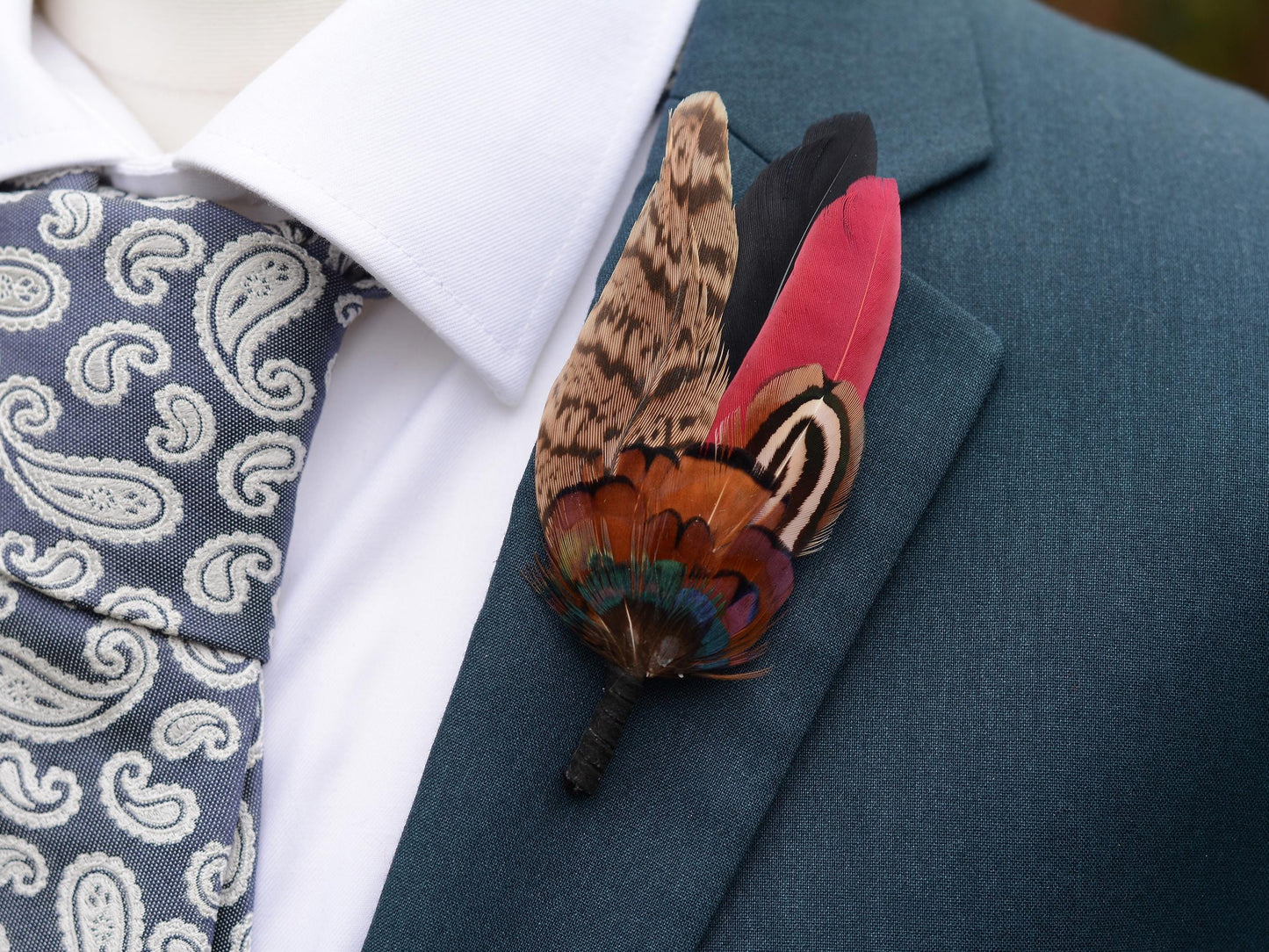 Burgundy, Black and Copper Pheasant Feather Lapel Pin / Hat Pin Small no.172 | Duck Feather Boutonniere | Pheasant Feather Brooch