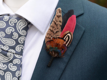 Burgundy, Black and Copper Pheasant Feather Lapel Pin / Hat Pin Small no.172 | Duck Feather Boutonniere | Pheasant Feather Brooch