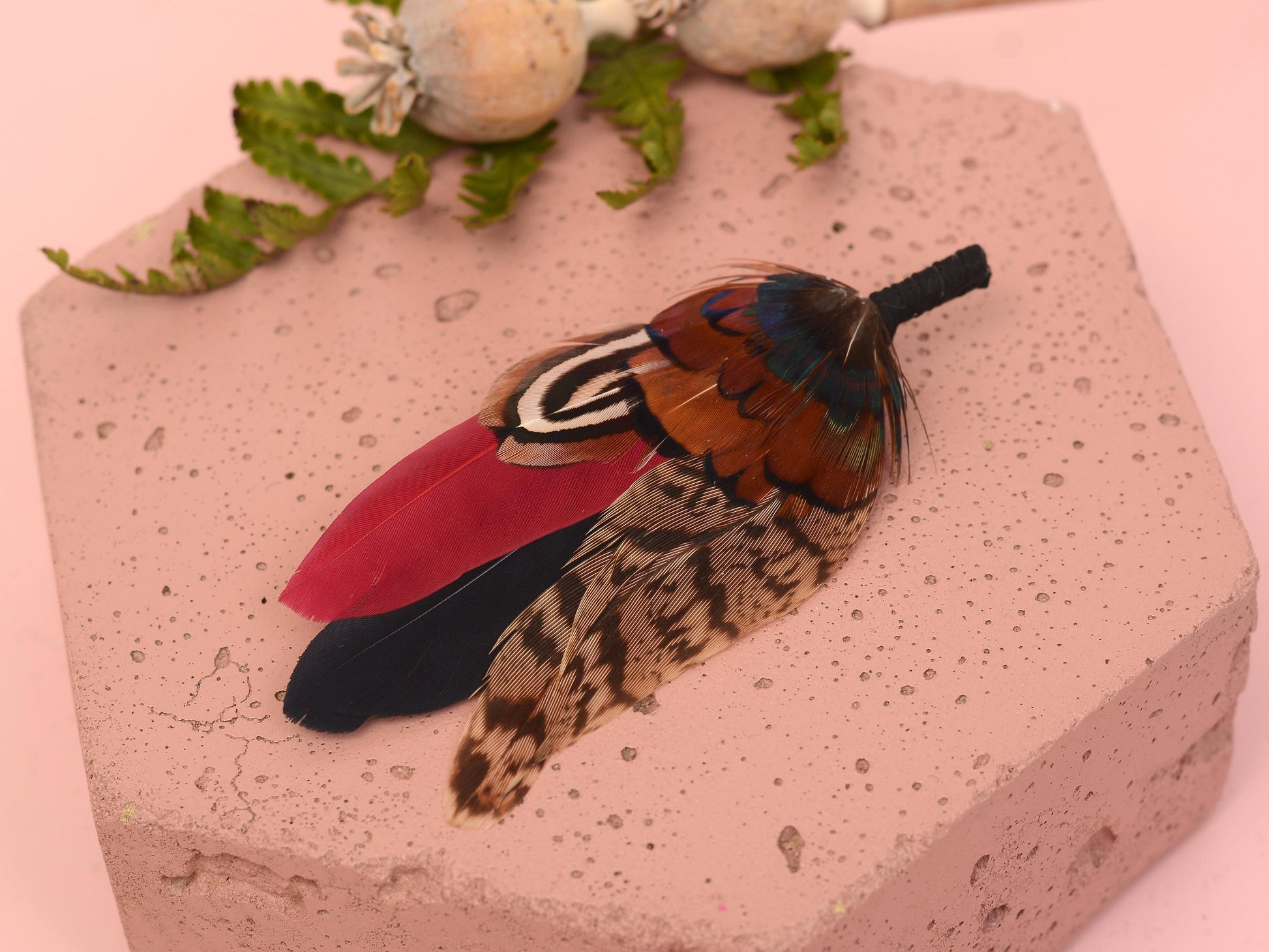 Burgundy, Black and Copper Pheasant Feather Lapel Pin / Hat Pin Small no.172 | Duck Feather Boutonniere | Pheasant Feather Brooch