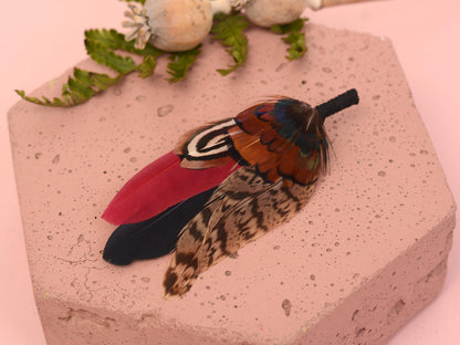Burgundy, Black and Copper Pheasant Feather Lapel Pin / Hat Pin Small no.172 | Duck Feather Boutonniere | Pheasant Feather Brooch