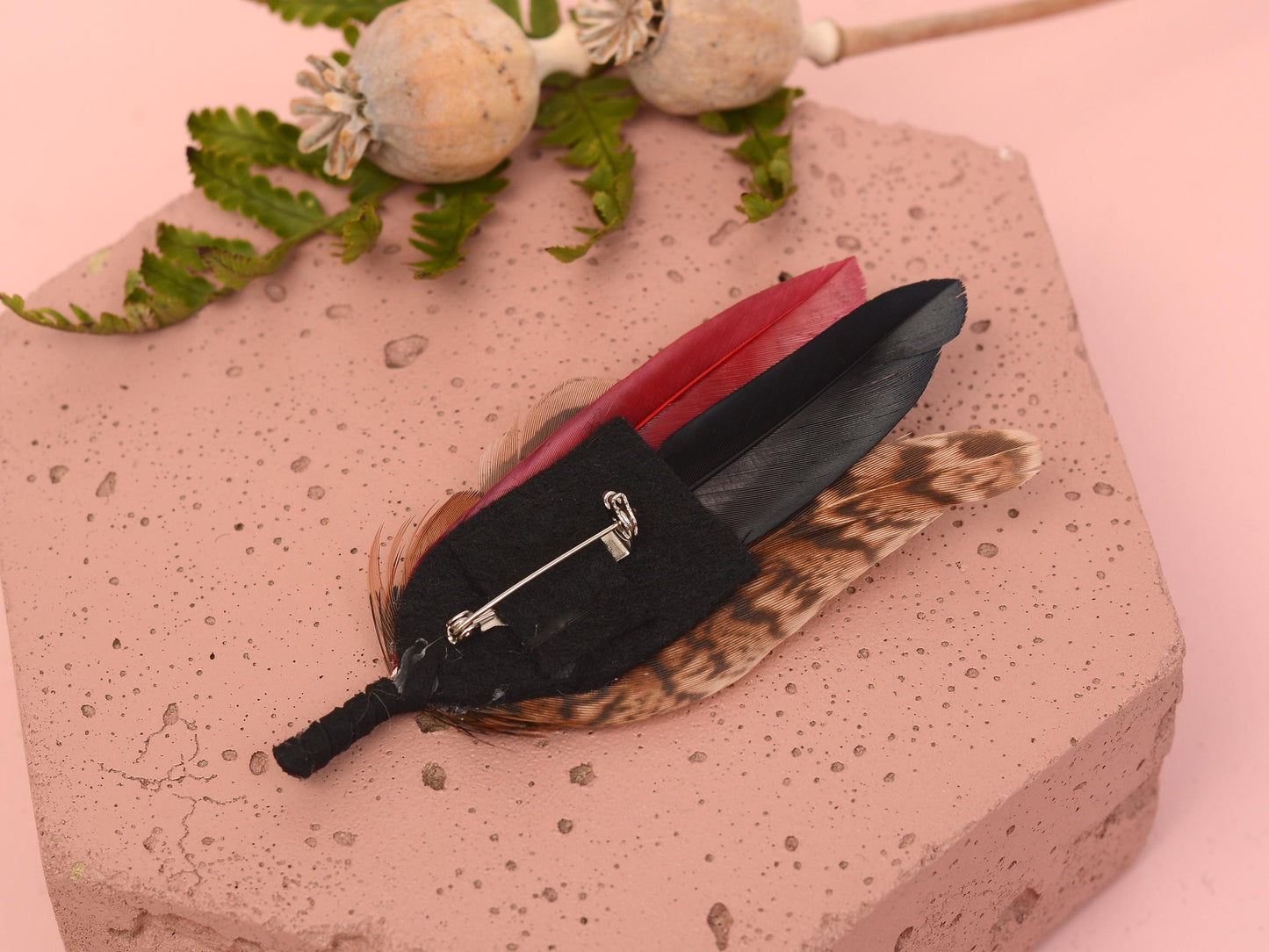 Burgundy, Black and Copper Pheasant Feather Lapel Pin / Hat Pin Small no.172 | Duck Feather Boutonniere | Pheasant Feather Brooch
