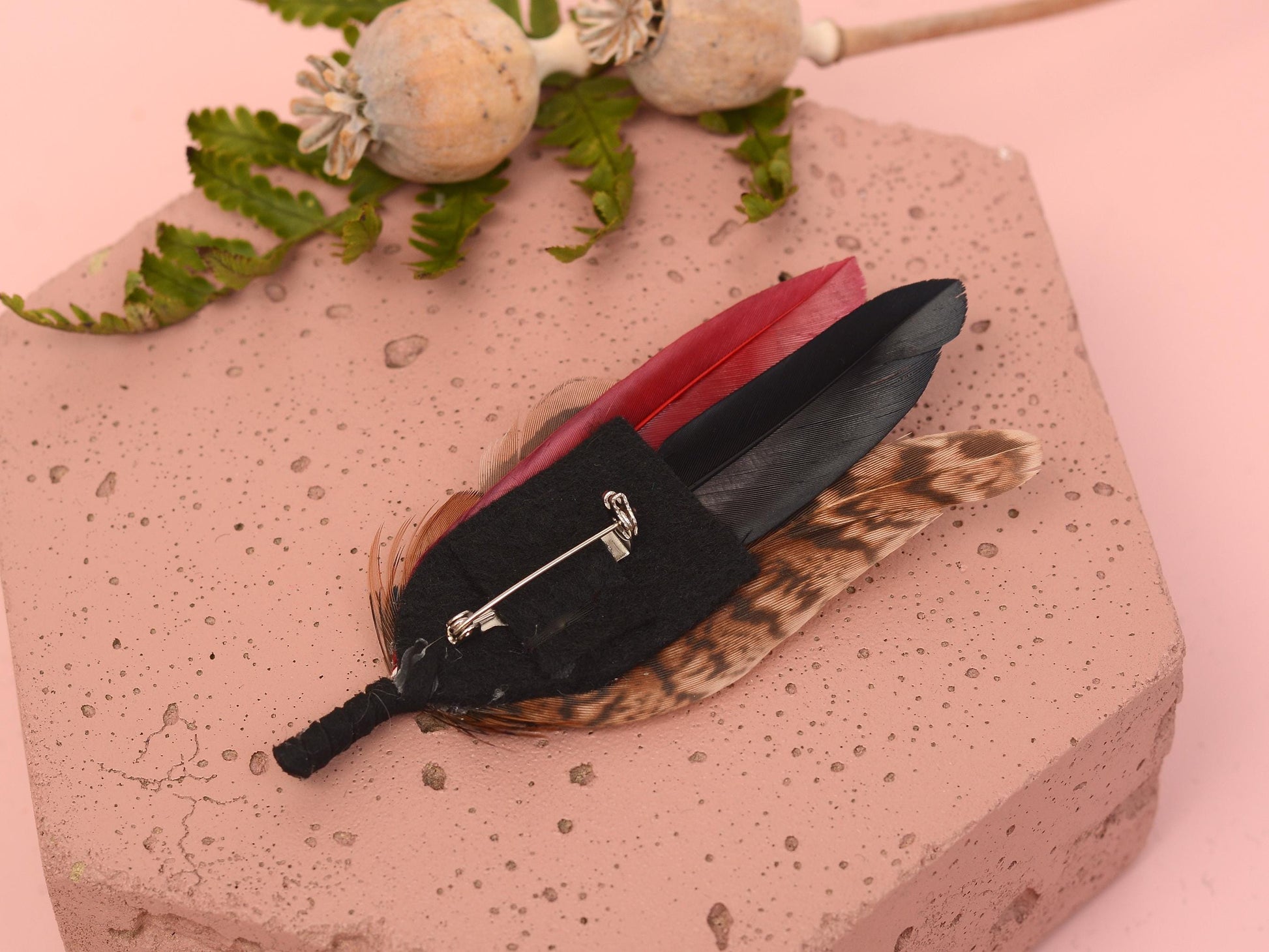 Burgundy, Black and Copper Pheasant Feather Lapel Pin / Hat Pin Small no.172 | Duck Feather Boutonniere | Pheasant Feather Brooch