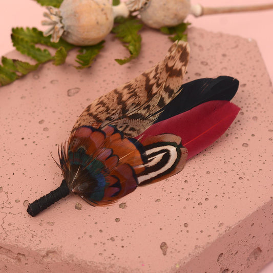 Burgundy, Black and Copper Pheasant Feather Lapel Pin / Hat Pin Small no.172 | Duck Feather Boutonniere | Pheasant Feather Brooch