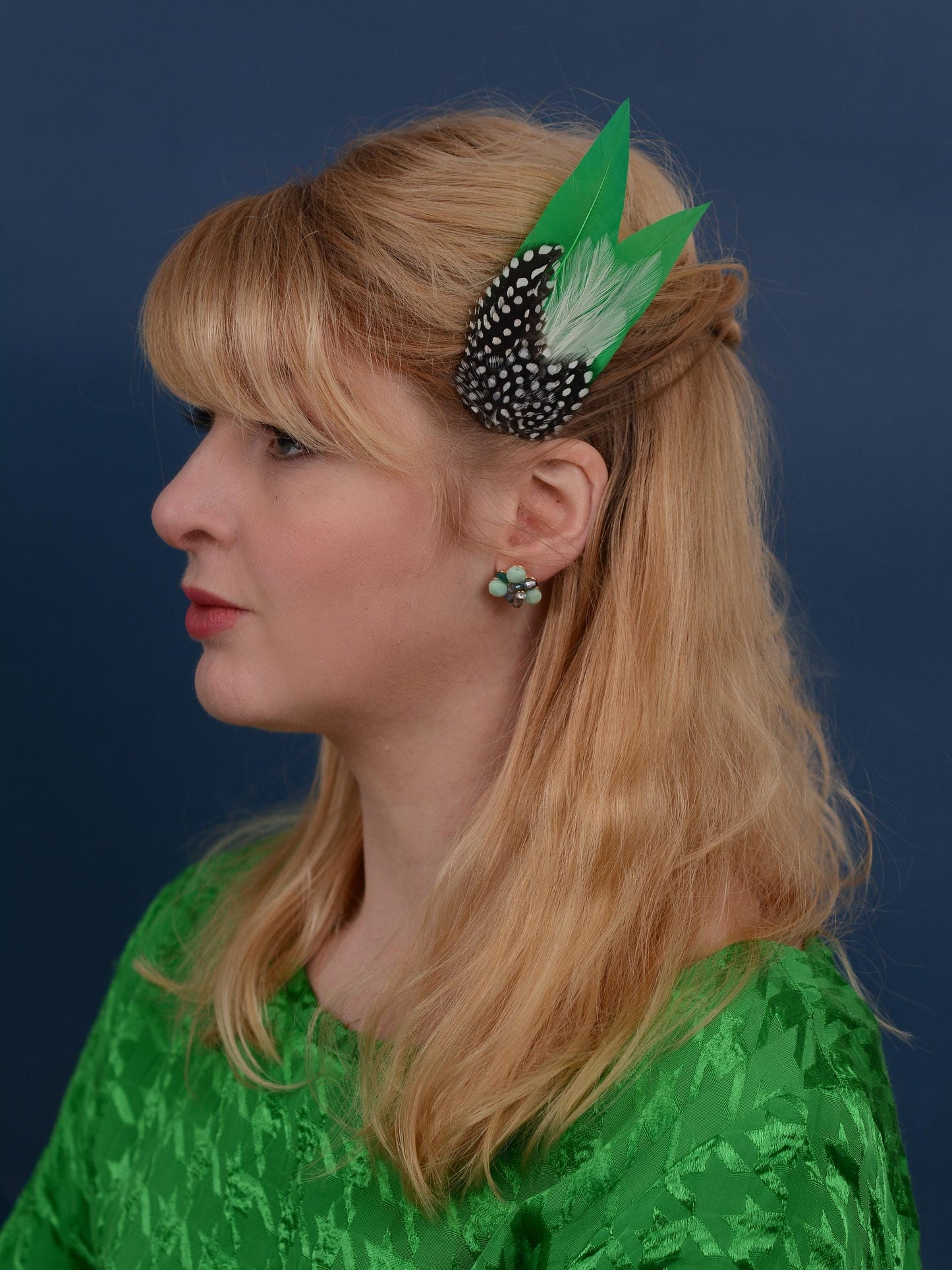 Emerald Green Polka Dot Feather Hair Clip, Green Feather Fascinator