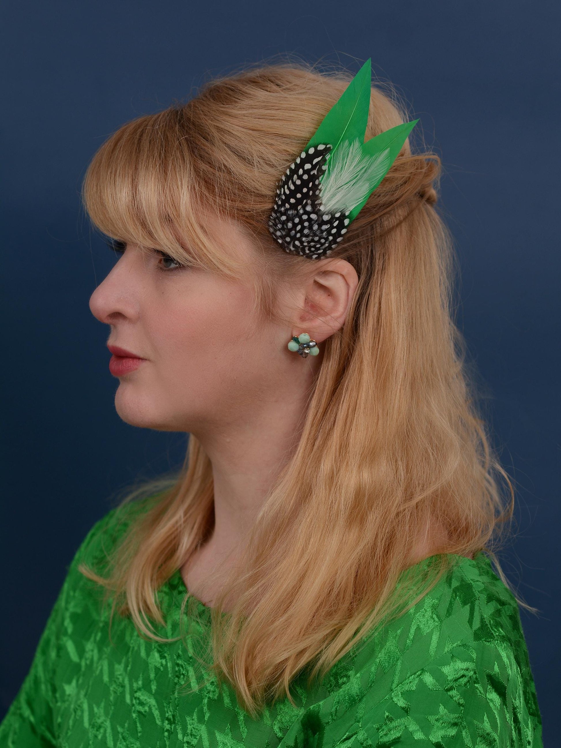 Emerald Green Polka Dot Feather Hair Clip, Green Feather Fascinator
