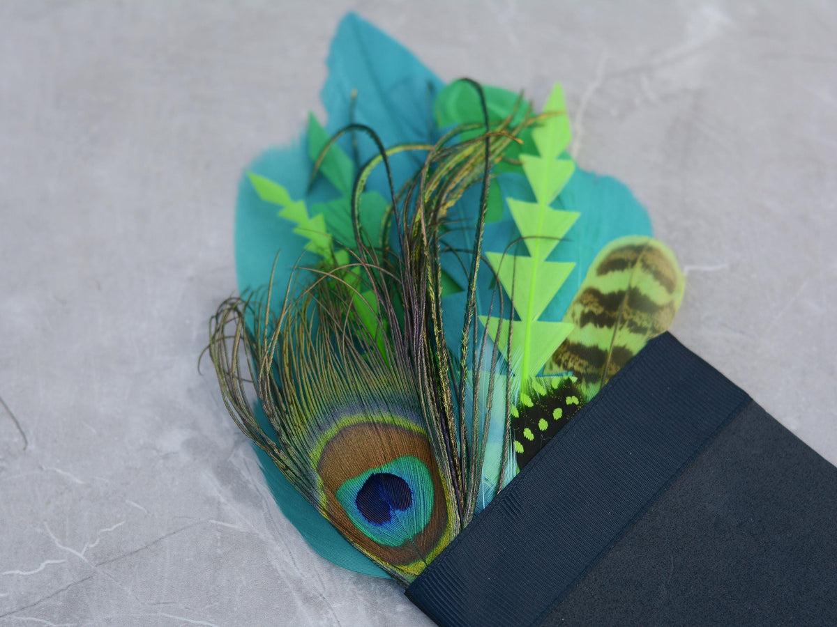 Bright Teal and Lime Green Peacock Feather Pocket Square No.239 | Suit Accessory | Feather Neck Tie | Grooms Outfit | Groomsmen | Wedding