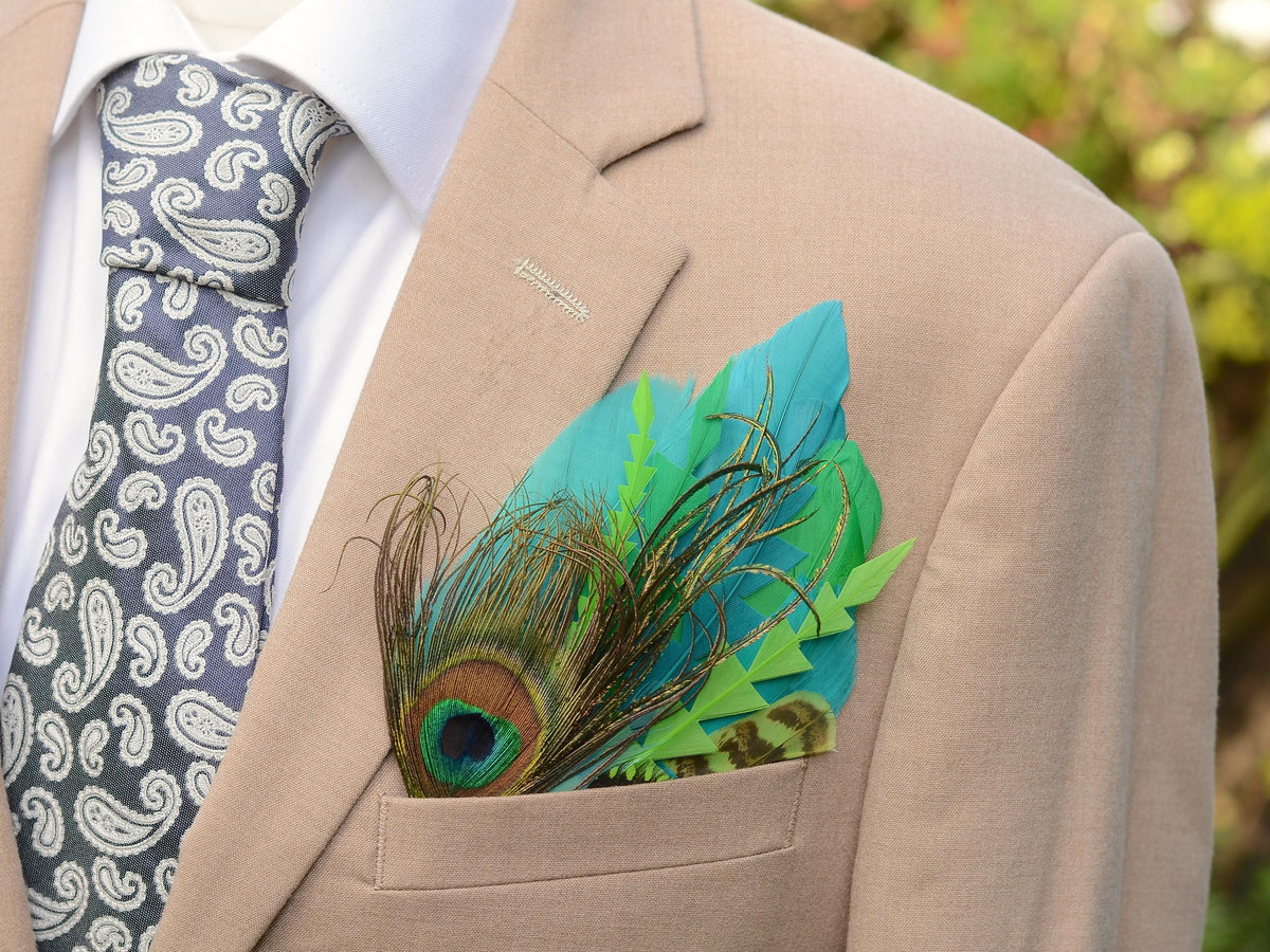 Bright Teal and Lime Green Peacock Feather Pocket Square No.239 | Suit Accessory | Feather Neck Tie | Grooms Outfit | Groomsmen | Wedding