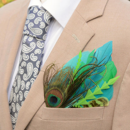 Bright Teal and Lime Green Peacock Feather Pocket Square No.239 | Suit Accessory | Feather Neck Tie | Grooms Outfit | Groomsmen | Wedding