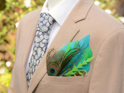 Bright Teal and Lime Green Peacock Feather Pocket Square No.239 | Suit Accessory | Feather Neck Tie | Grooms Outfit | Groomsmen | Wedding