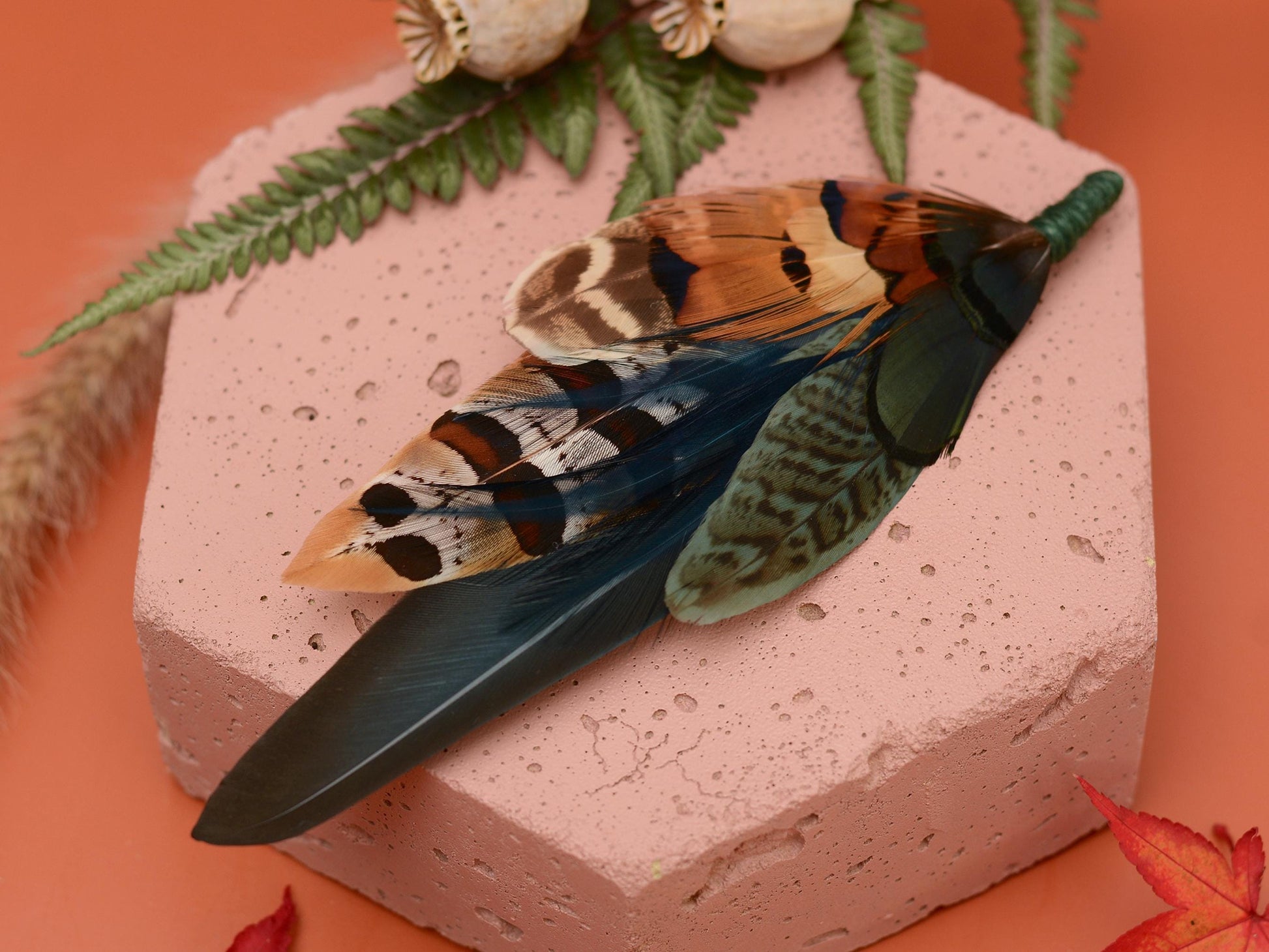 Pheasant Feather Hat Pin Brooch in Green and Copper No.301 | Unique Pheasant Feather Boutonniere