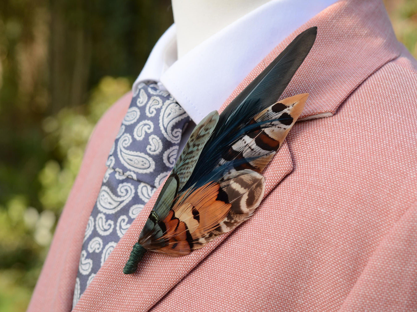 Pheasant Feather Hat Pin Brooch in Green and Copper No.301 | Unique Pheasant Feather Boutonniere