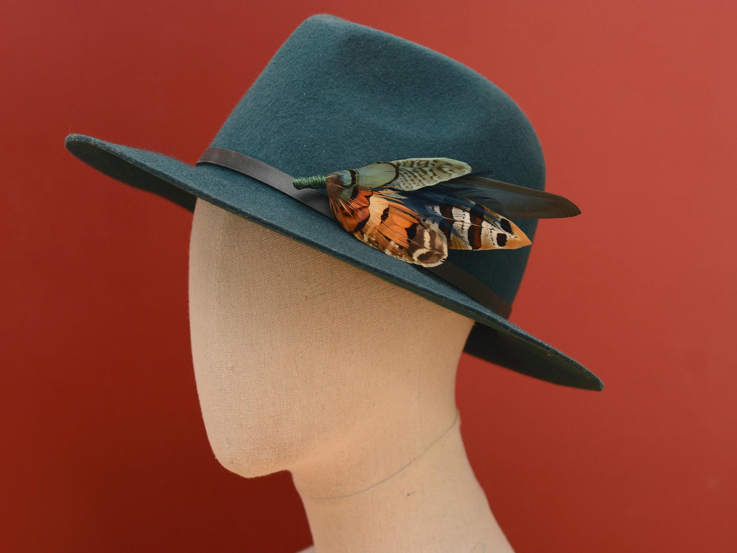 Pheasant Feather Hat Pin Brooch in Green and Copper No.301 | Unique Pheasant Feather Boutonniere