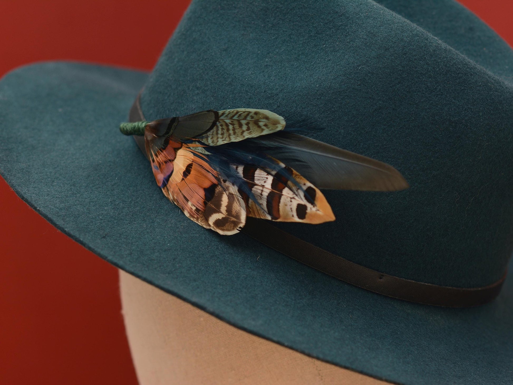 Pheasant Feather Hat Pin Brooch in Green and Copper No.301 | Unique Pheasant Feather Boutonniere