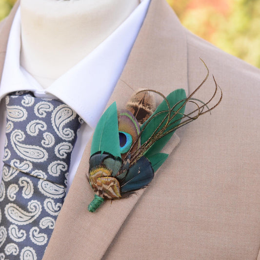 Green Peacock Feather Hat Pin / Brooch Pin No.273 | Feather Boutonniere | Pheasant Feather Brooch | Feather Hat Pin