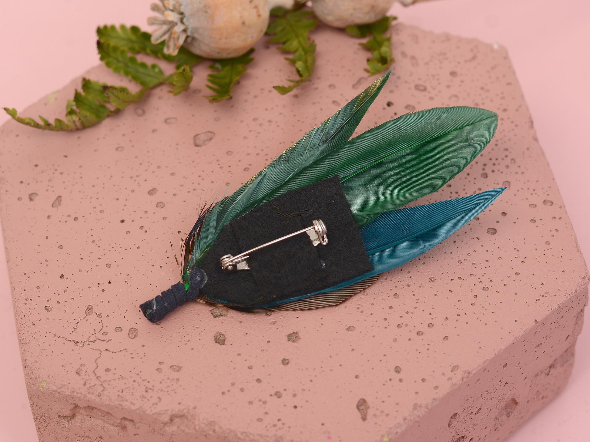 Peacock Gold and Green Feather Lapel Pin Small No.240 | Unique Peacock Feather Boutonniere | Pheasant Feather Brooch