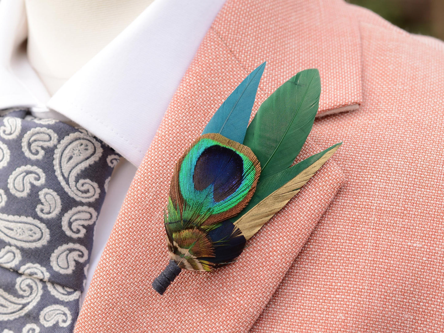 Peacock Gold and Green Feather Lapel Pin Small No.240 | Unique Peacock Feather Boutonniere | Pheasant Feather Brooch